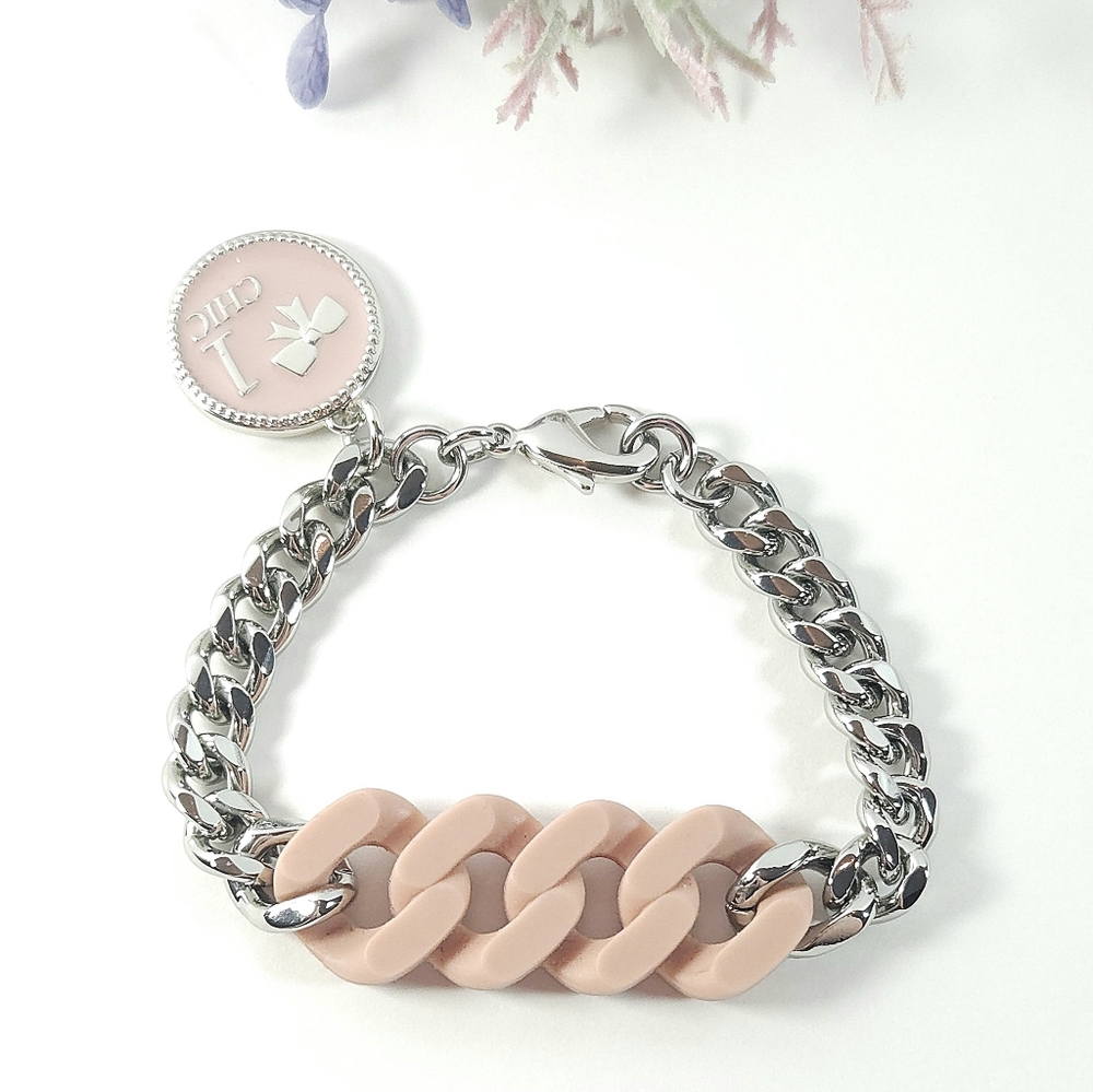 Silver Plated & Pink Silicon Curban Chain Link Bracelet with Chic Girl Charm